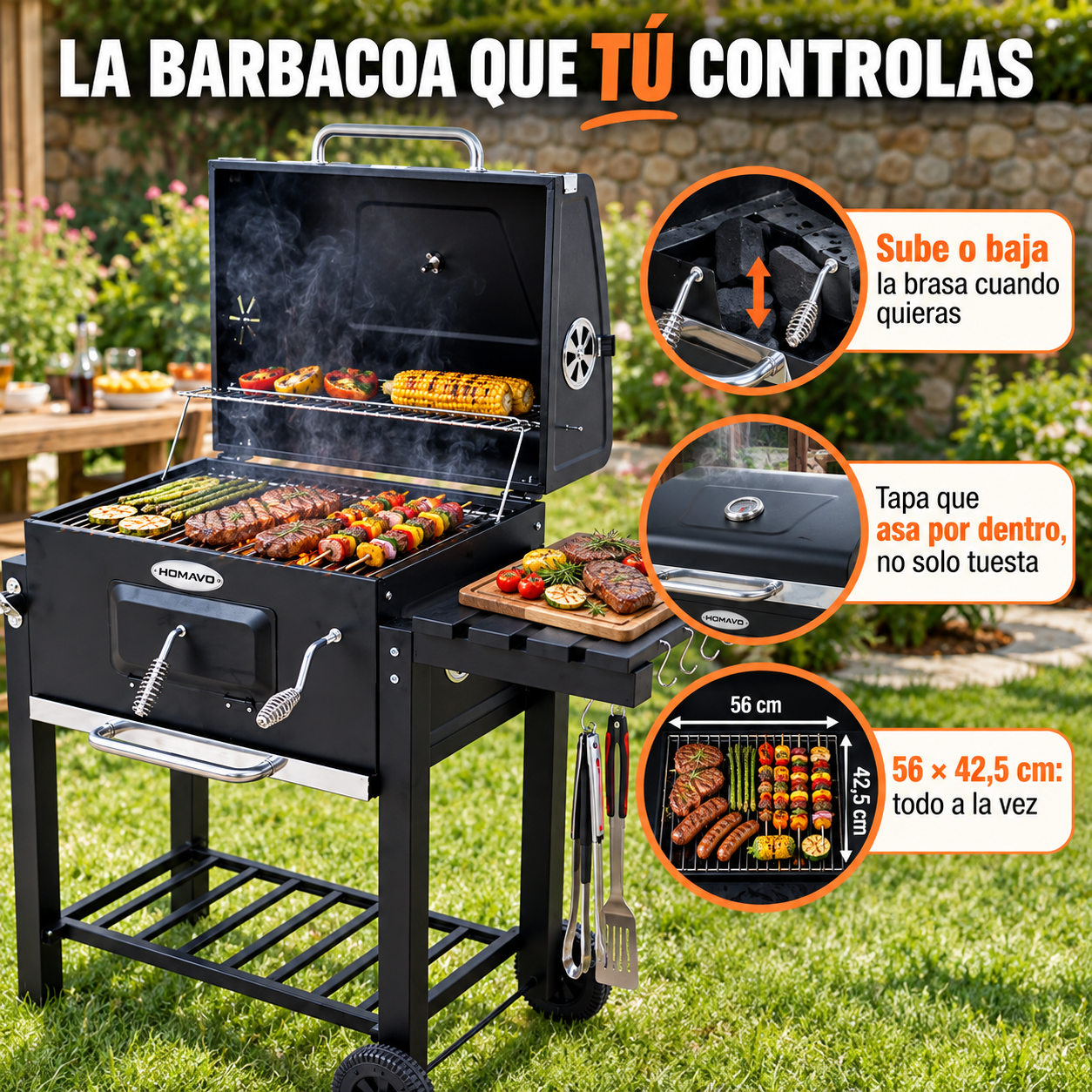HOMAVO Barbacoa de Carbón con Tapa – Tú decides el fuego, no al revés