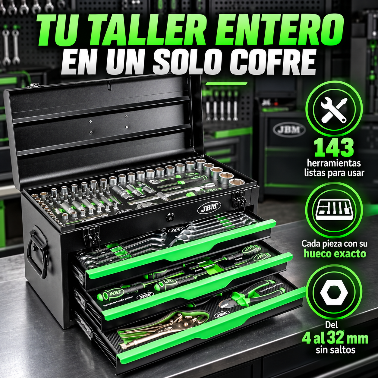 Caja de Herramientas JBM 143 Piezas – Tu taller entero en un solo cofre