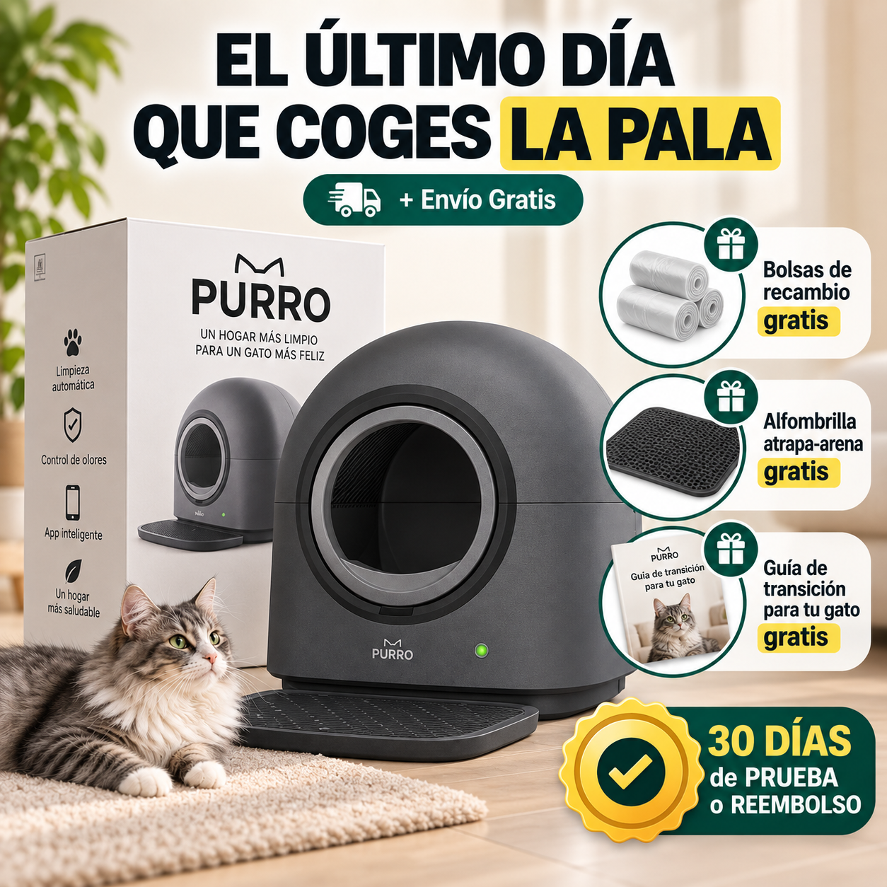 Arenero Autolimpiable Pro – Tu gato entra, sale y la bandeja ya está limpia